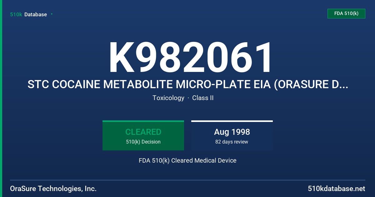 K982061 STC COCAINE METABOLITE MICRO-PLATE EIA (ORASURE DEVICE) FDA 510(k) Cleared Medical Device