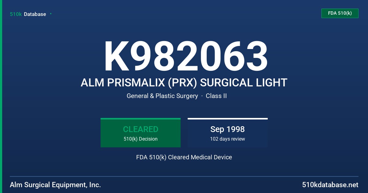 K982063 ALM PRISMALIX (PRX) SURGICAL LIGHT FDA 510(k) Cleared Medical Device