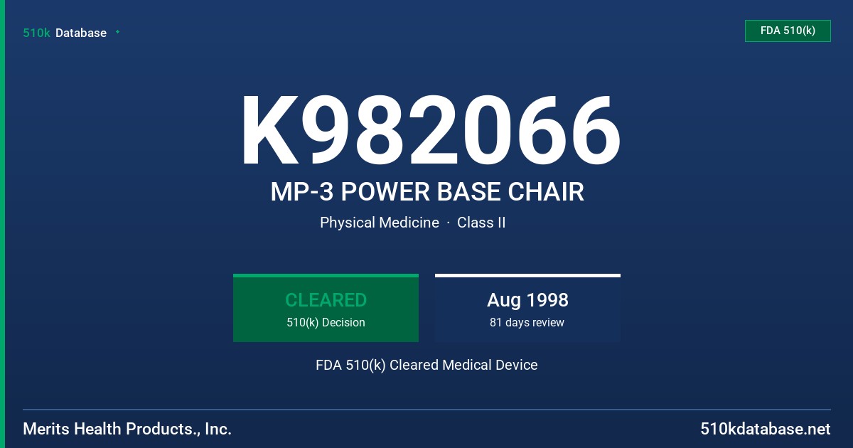 K982066 MP-3 POWER BASE CHAIR FDA 510(k) Cleared Medical Device