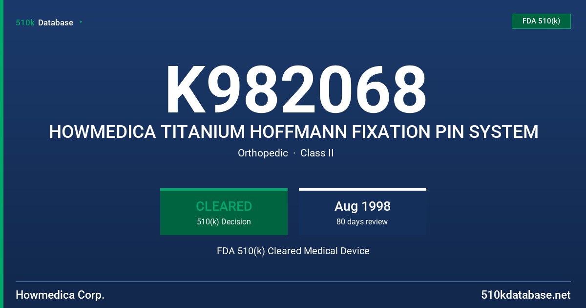 K982068 HOWMEDICA TITANIUM HOFFMANN FIXATION PIN SYSTEM FDA 510(k) Cleared Medical Device