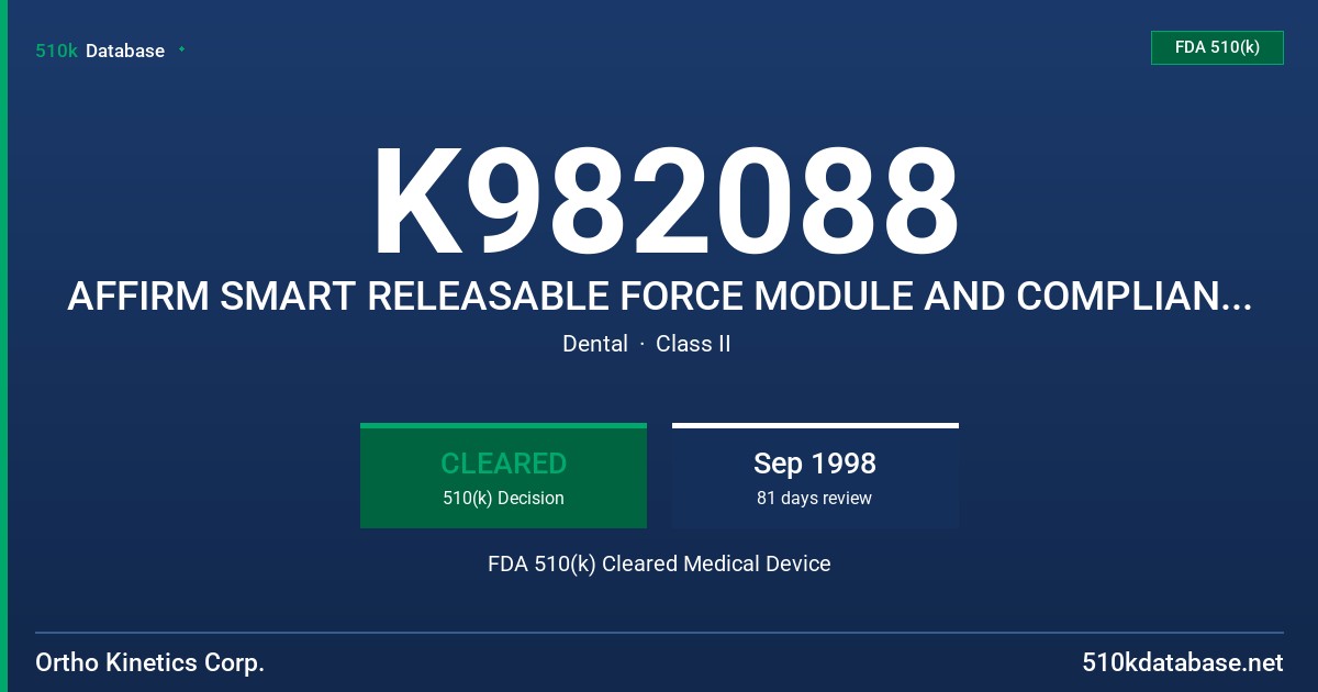 K982088 AFFIRM SMART RELEASABLE FORCE MODULE AND COMPLIANCE SCIENCE SYSTEM FDA 510(k) Cleared Medical Device