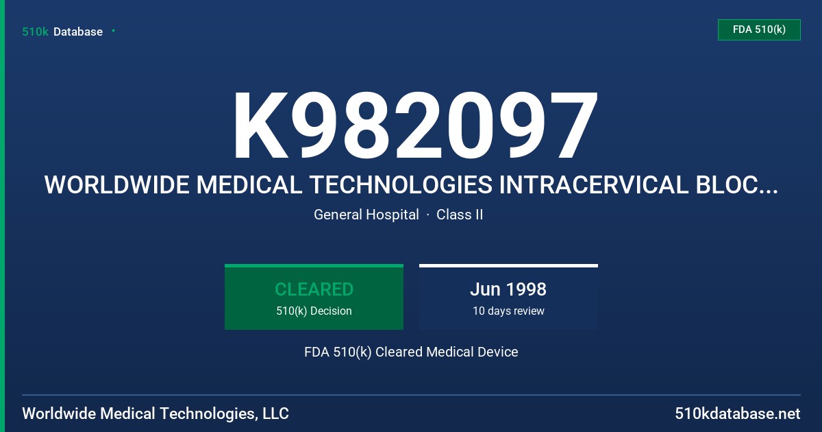 K982097 WORLDWIDE MEDICAL TECHNOLOGIES INTRACERVICAL BLOCK NEEDLE, MODEL TBD FDA 510(k) Cleared Medical Device