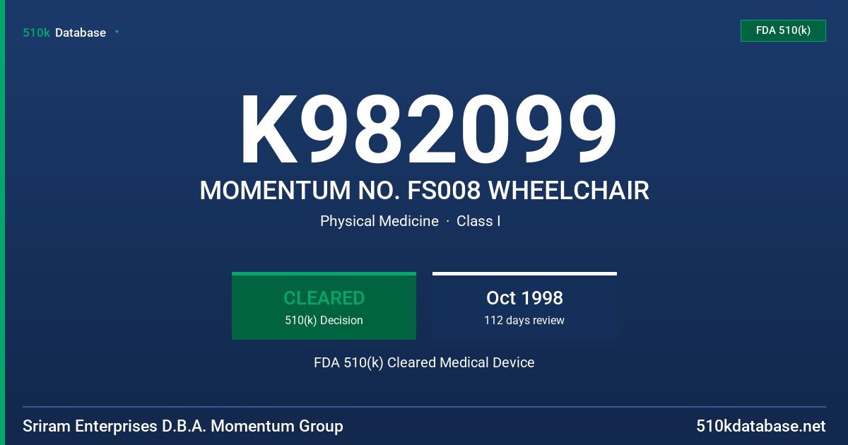 K982099 MOMENTUM NO. FS008 WHEELCHAIR FDA 510(k) Cleared Medical Device