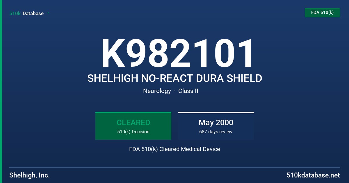 K982101 SHELHIGH NO-REACT DURA SHIELD FDA 510(k) Cleared Medical Device