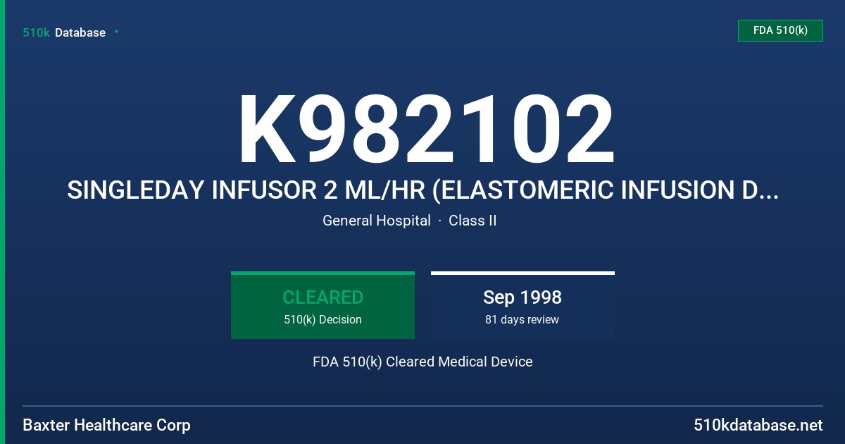 K982102 SINGLEDAY INFUSOR 2 ML/HR (ELASTOMERIC INFUSION DEVICE) MODEL, INFUSOR SV 5 ML/HR (ELASTOMERIC INFUSION DEVICE) MODEL CY FDA 510(k) Cleared Medical Device