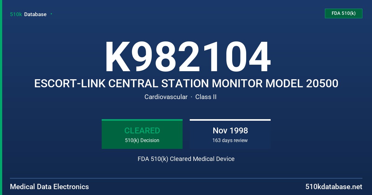 K982104 ESCORT-LINK CENTRAL STATION MONITOR MODEL 20500 FDA 510(k) Cleared Medical Device