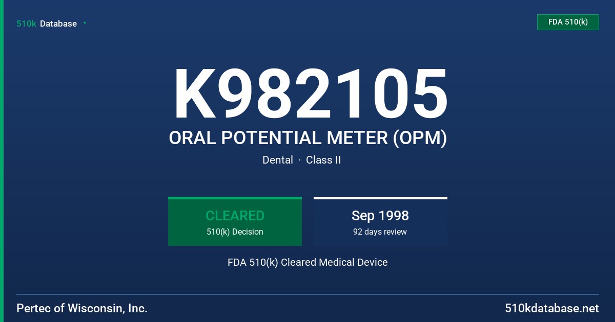 K982105 ORAL POTENTIAL METER (OPM) FDA 510(k) Cleared Medical Device