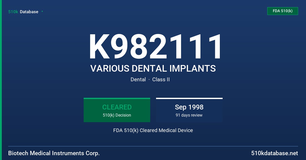 K982111 VARIOUS DENTAL IMPLANTS FDA 510(k) Cleared Medical Device