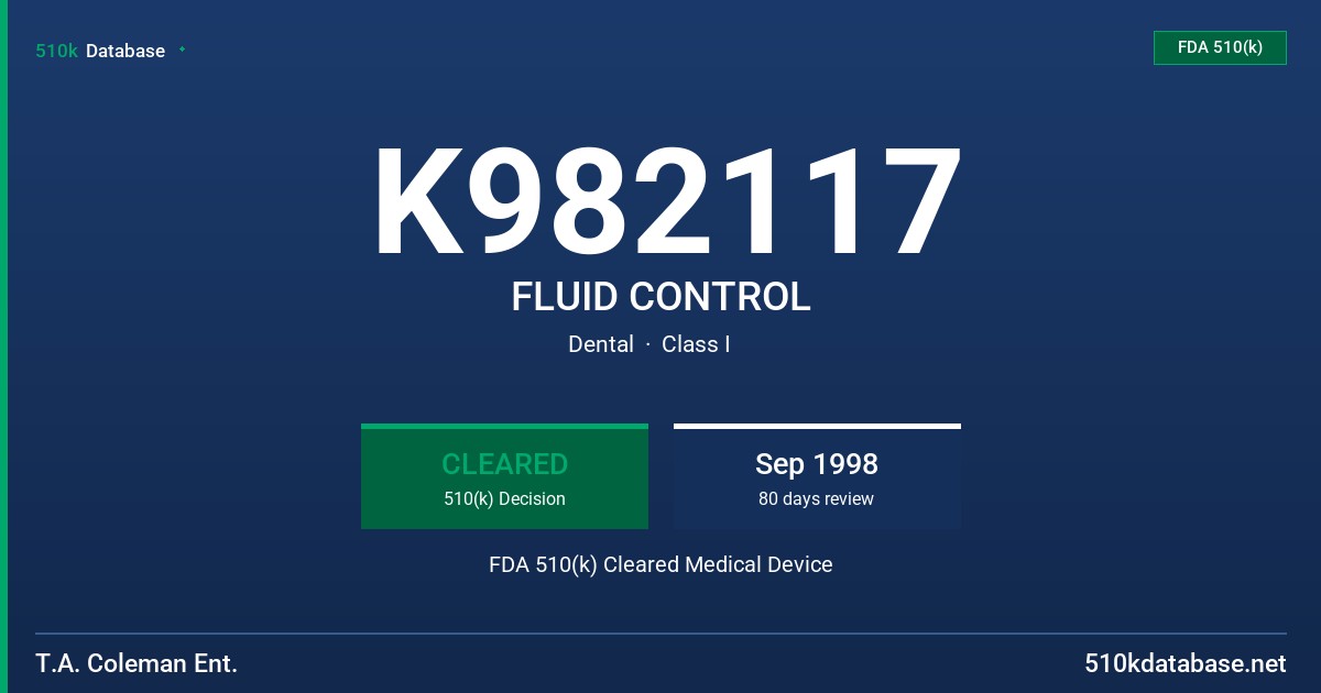 K982117 FLUID CONTROL FDA 510(k) Cleared Medical Device