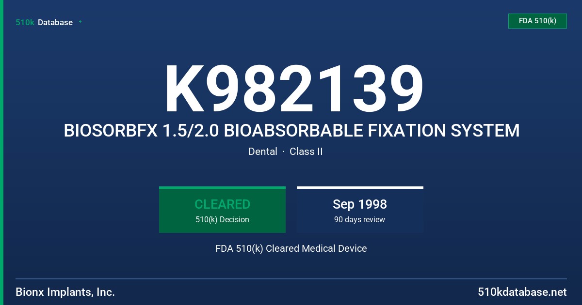 K982139 BIOSORBFX 1.5/2.0 BIOABSORBABLE FIXATION SYSTEM FDA 510(k) Cleared Medical Device