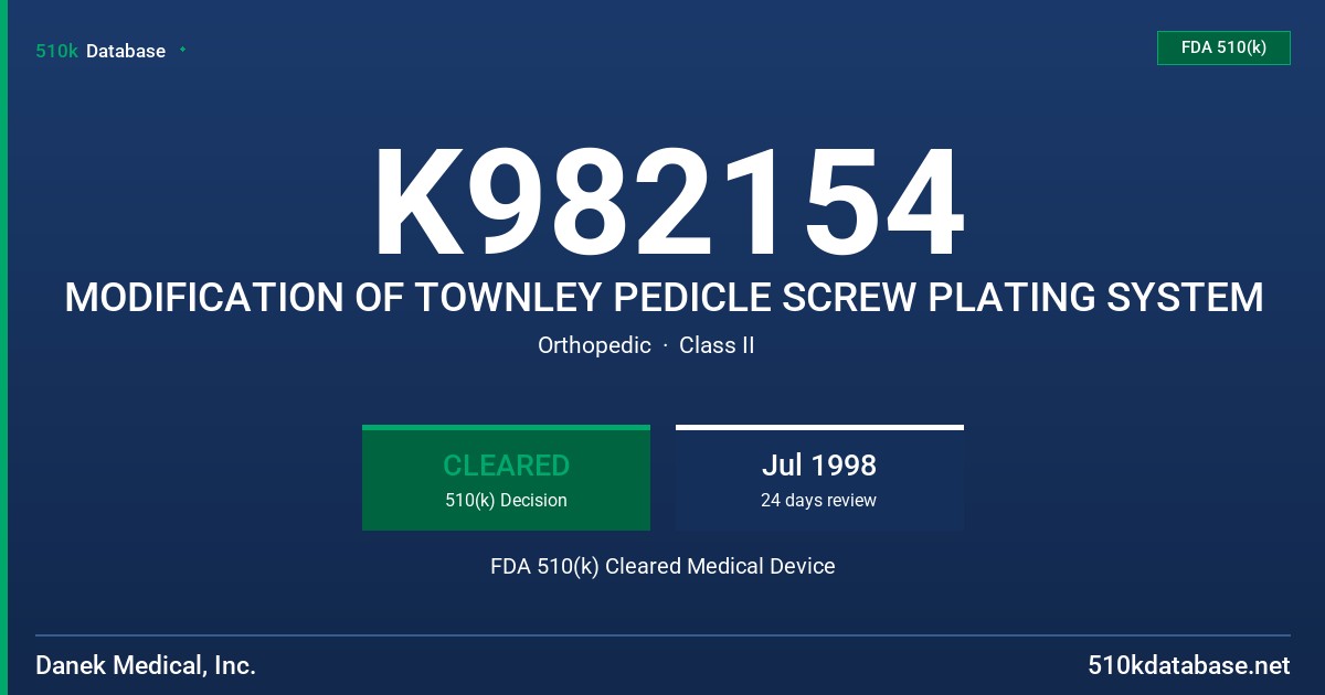 K982154 MODIFICATION OF TOWNLEY PEDICLE SCREW PLATING SYSTEM FDA 510(k) Cleared Medical Device