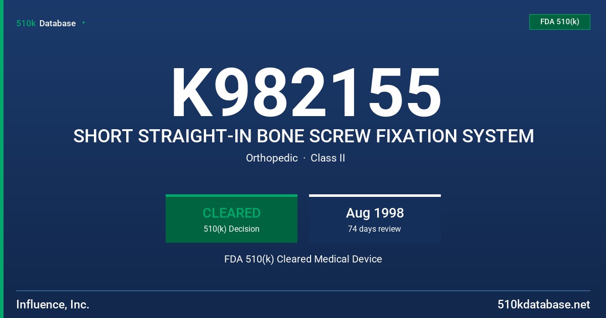 K982155 SHORT STRAIGHT-IN BONE SCREW FIXATION SYSTEM FDA 510(k) Cleared Medical Device