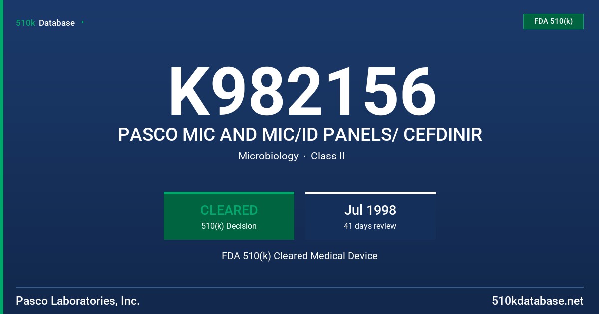 K982156 PASCO MIC AND MIC/ID PANELS/ CEFDINIR FDA 510(k) Cleared Medical Device