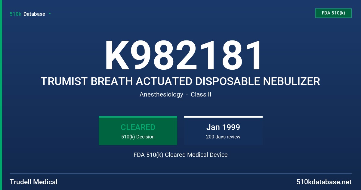 K982181 TRUMIST BREATH ACTUATED DISPOSABLE NEBULIZER FDA 510(k) Cleared Medical Device