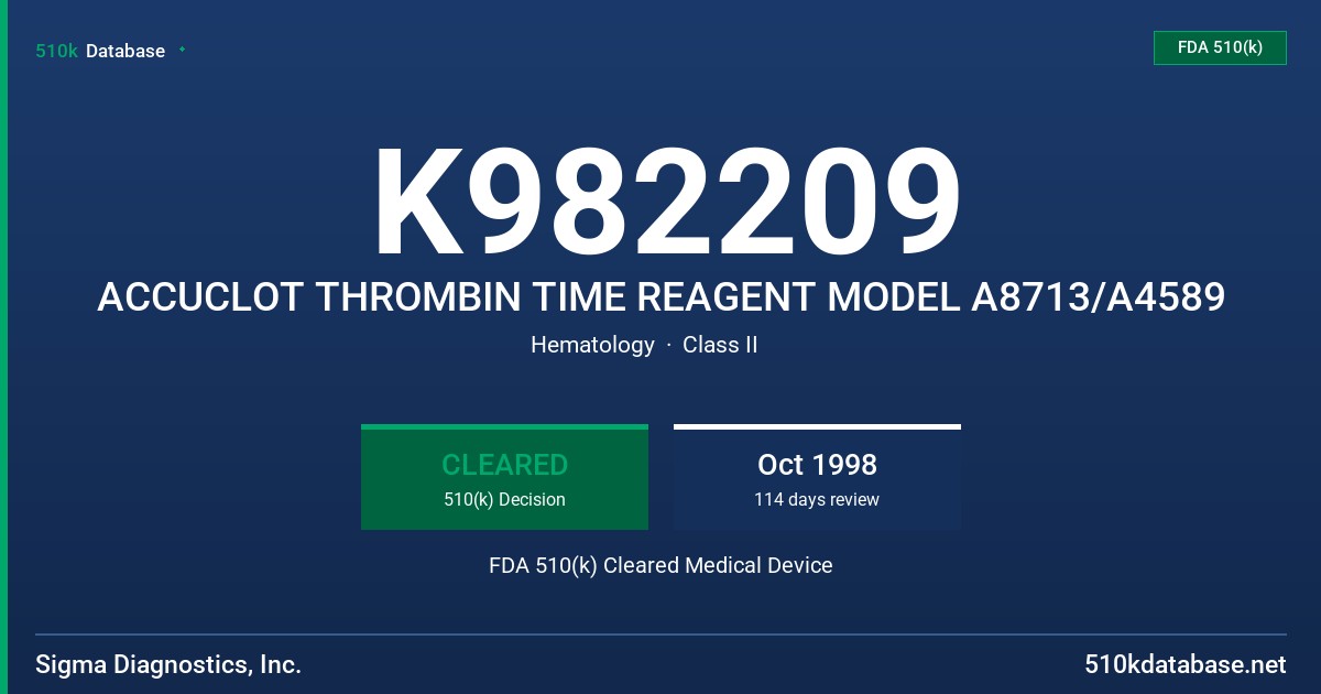 K982209 ACCUCLOT THROMBIN TIME REAGENT MODEL A8713/A4589 FDA 510(k) Cleared Medical Device