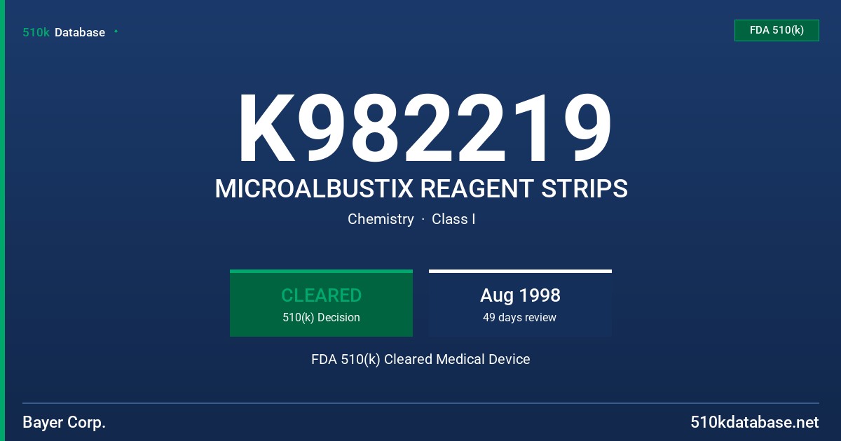 K982219 MICROALBUSTIX REAGENT STRIPS FDA 510(k) Cleared Medical Device
