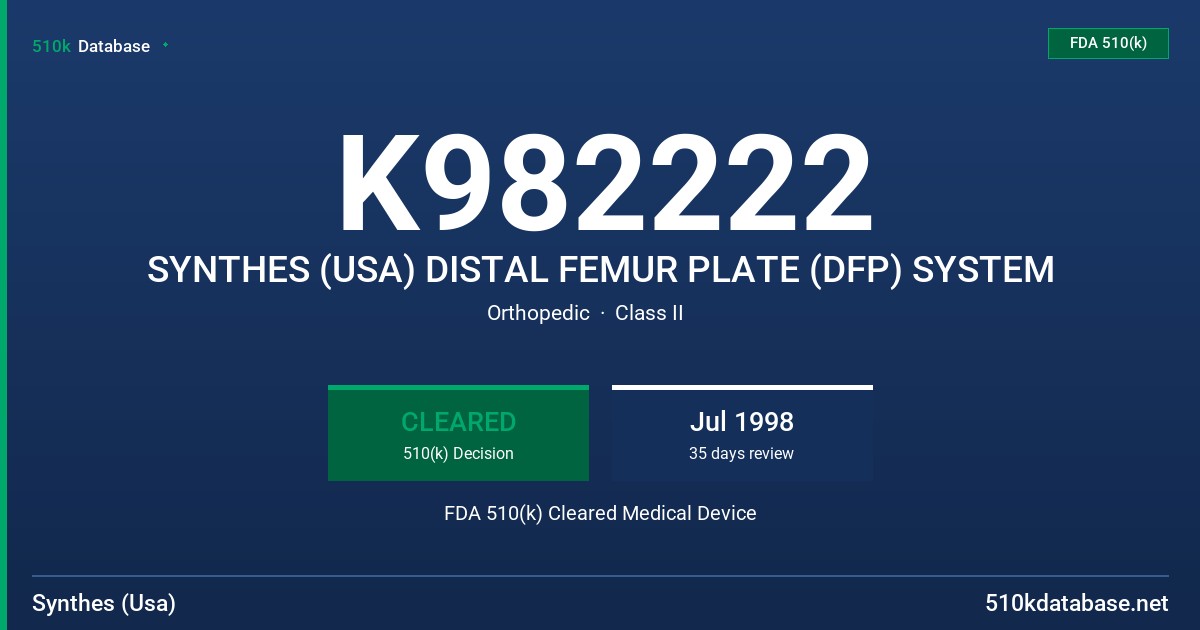 K982222 SYNTHES (USA) DISTAL FEMUR PLATE (DFP) SYSTEM FDA 510(k) Cleared Medical Device