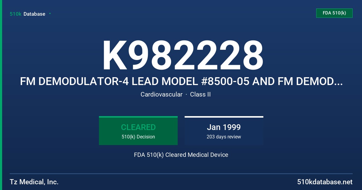 K982228 FM DEMODULATOR-4 LEAD MODEL #8500-05 AND FM DEMODULATOR-12 LEAD MODEL # 8500-25 FDA 510(k) Cleared Medical Device