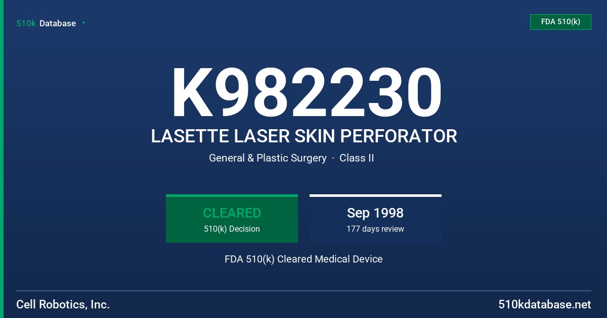 K982230 LASETTE LASER SKIN PERFORATOR FDA 510(k) Cleared Medical Device