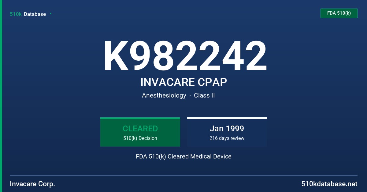 K982242 INVACARE CPAP FDA 510(k) Cleared Medical Device