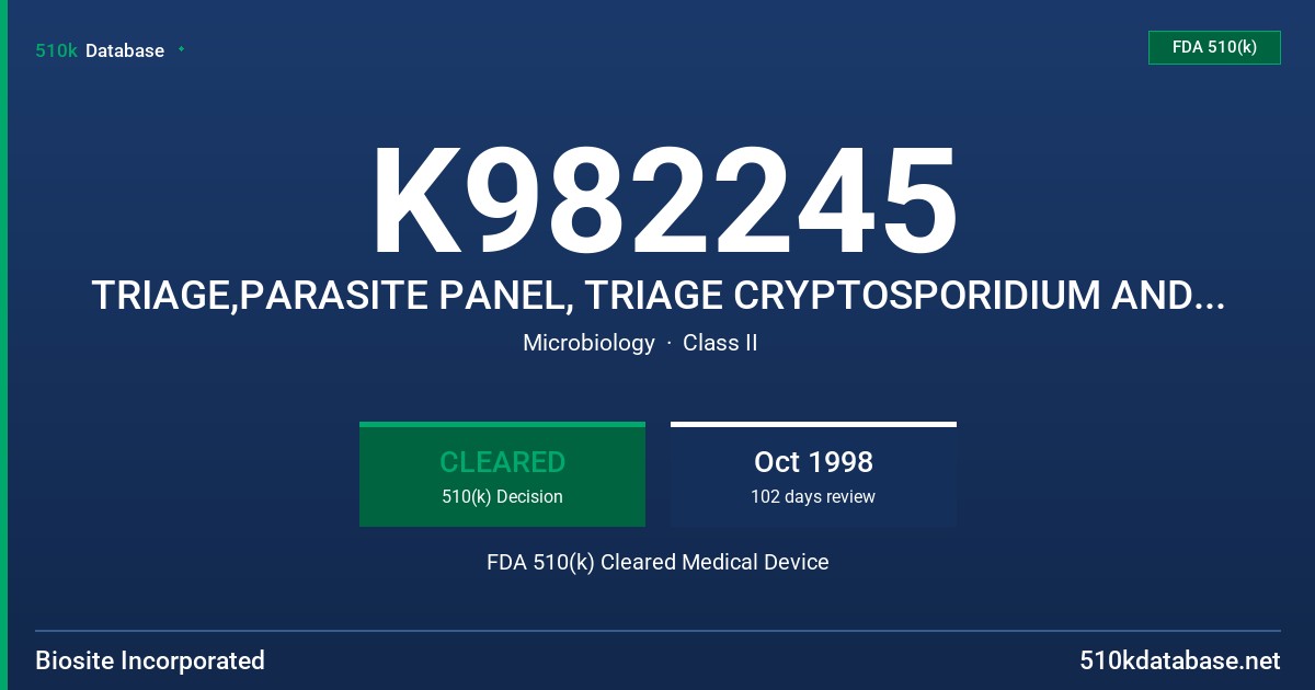 K982245 TRIAGE,PARASITE PANEL, TRIAGE CRYPTOSPORIDIUM AND ENTAMOEBA HISTOLYTICA, TRIAGE CRYPTOSPORIDIUM AND GIARDIA LAMBLIA FDA 510(k) Cleared Medical Device