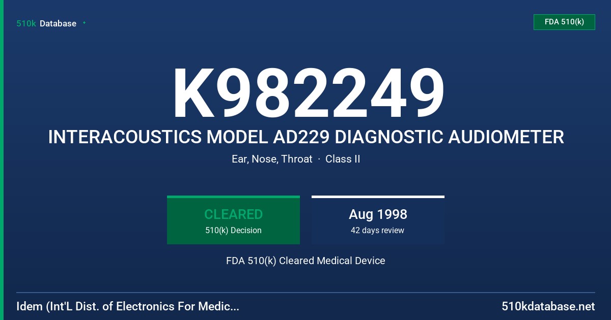 K982249 INTERACOUSTICS MODEL AD229 DIAGNOSTIC AUDIOMETER FDA 510(k) Cleared Medical Device