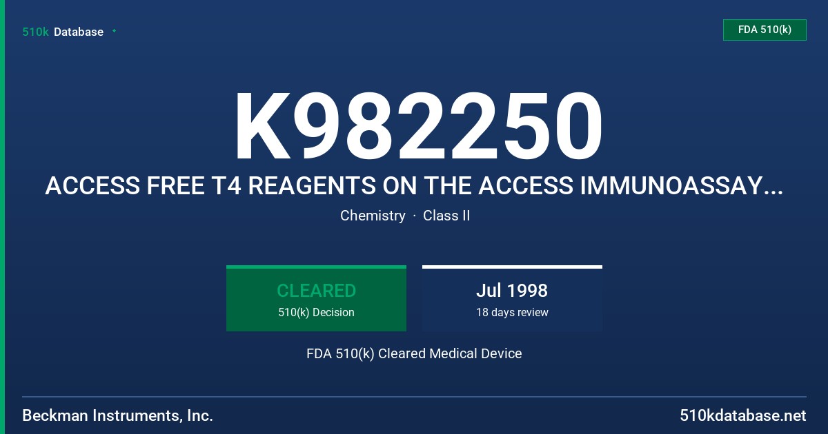 K982250 ACCESS FREE T4 REAGENTS ON THE ACCESS IMMUNOASSAY ANALYZER FDA 510(k) Cleared Medical Device