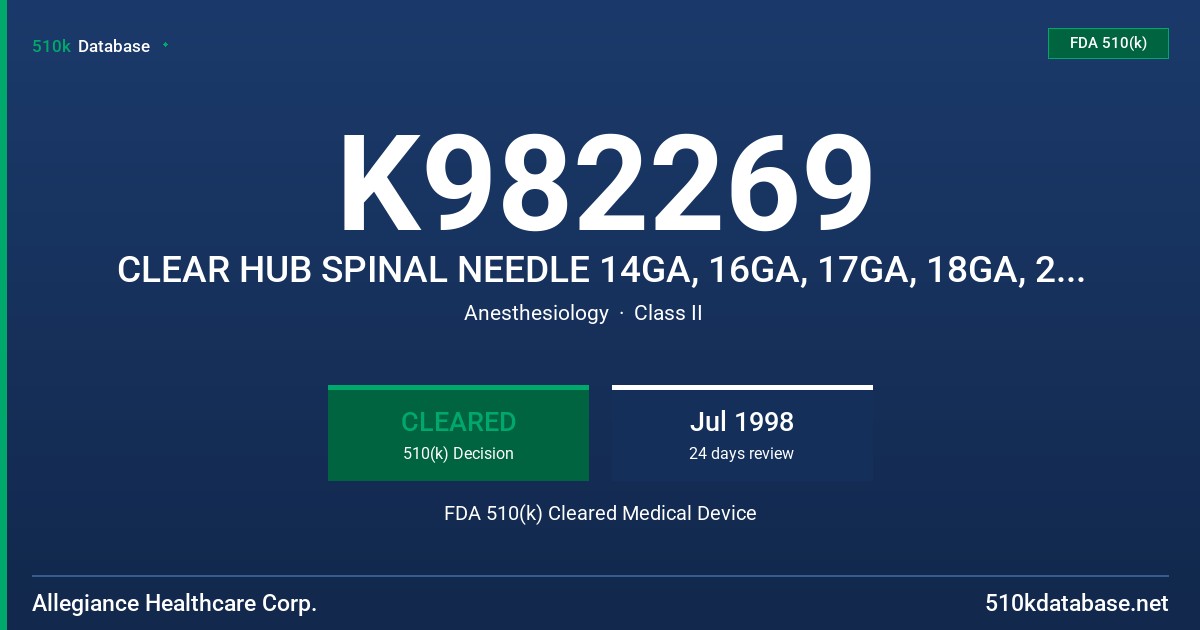 K982269 CLEAR HUB SPINAL NEEDLE 14GA, 16GA, 17GA, 18GA, 20GA, 21GA, 22GA, 25GA, 26GA AND 27GA FDA 510(k) Cleared Medical Device