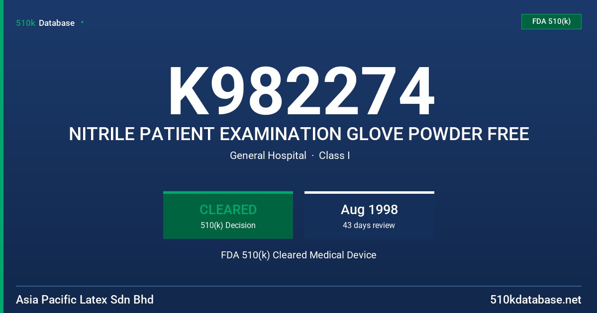 K982274 NITRILE PATIENT EXAMINATION GLOVE POWDER FREE FDA 510(k) Cleared Medical Device