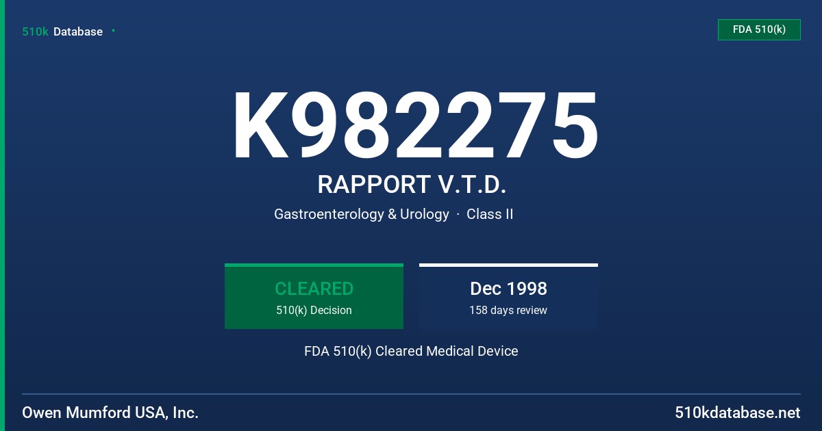 K982275 RAPPORT V.T.D. FDA 510(k) Cleared Medical Device