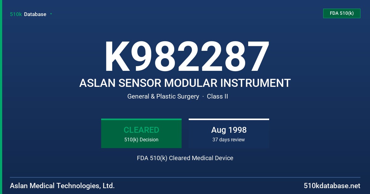 K982287 ASLAN SENSOR MODULAR INSTRUMENT FDA 510(k) Cleared Medical Device