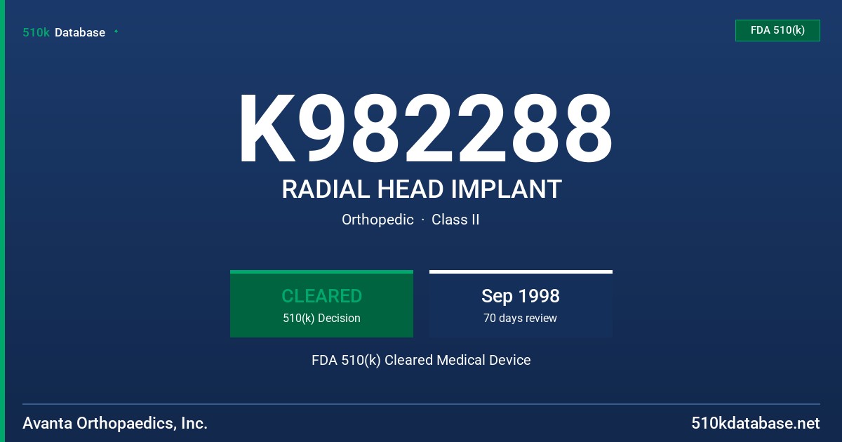 K982288 RADIAL HEAD IMPLANT FDA 510(k) Cleared Medical Device