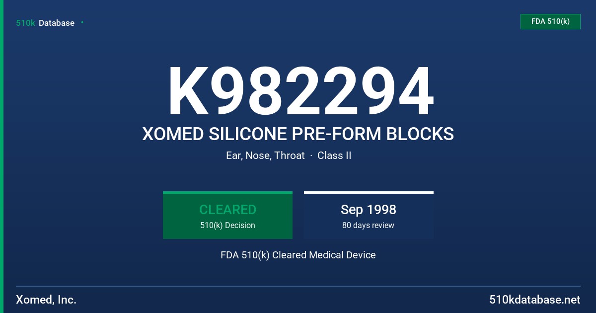 K982294 XOMED SILICONE PRE-FORM BLOCKS FDA 510(k) Cleared Medical Device