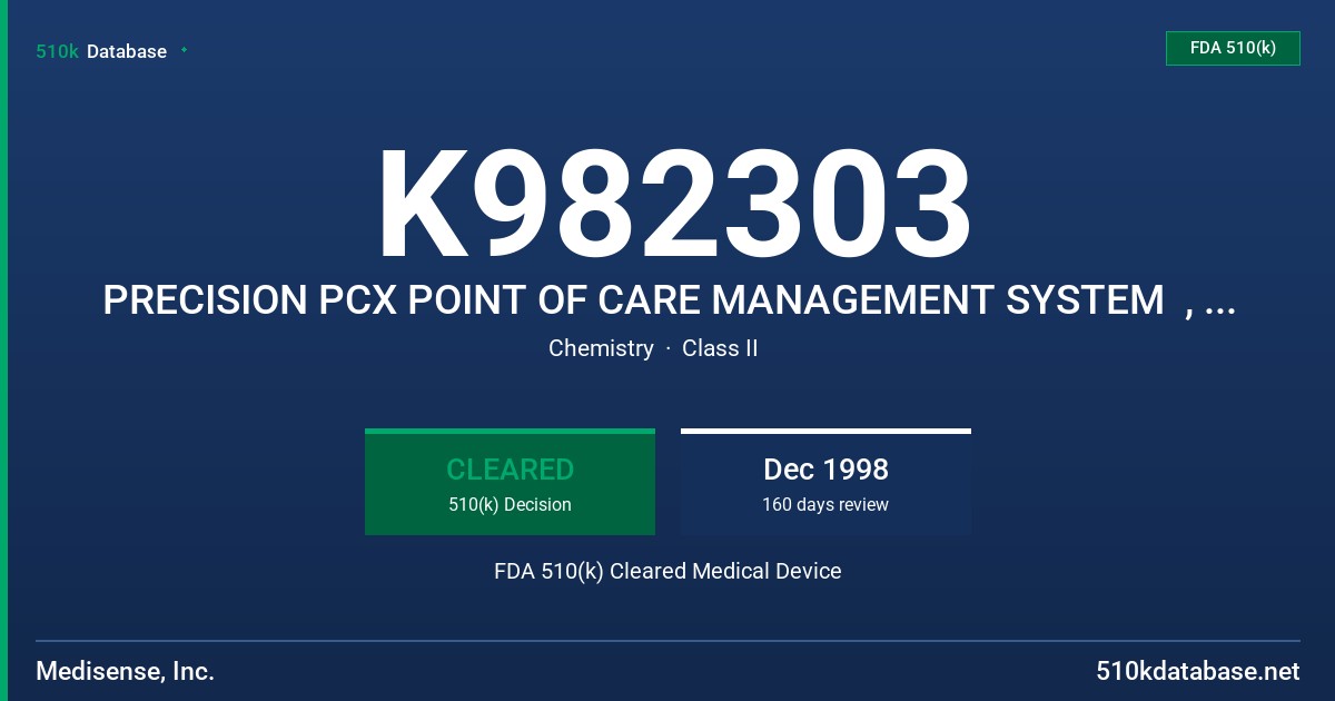 K982303 PRECISION PCX POINT OF CARE MANAGEMENT SYSTEM  , QC MANAGER DATA MANAGER SYSTEM, PRECISION G PLUS BLOOD GLUCOSE TEST ST FDA 510(k) Cleared Medical Device