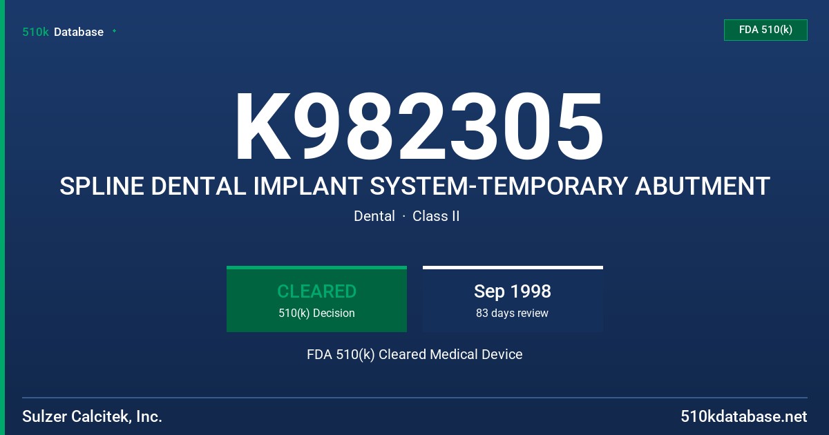 K982305 SPLINE DENTAL IMPLANT SYSTEM-TEMPORARY ABUTMENT FDA 510(k) Cleared Medical Device