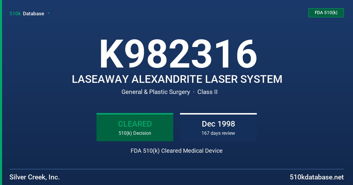 K982316 LASEAWAY ALEXANDRITE LASER SYSTEM FDA 510(k) Cleared Medical Device