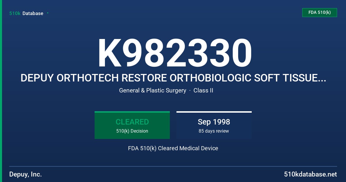 K982330 DEPUY ORTHOTECH RESTORE ORTHOBIOLOGIC SOFT TISSUE IMPLANT FDA 510(k) Cleared Medical Device