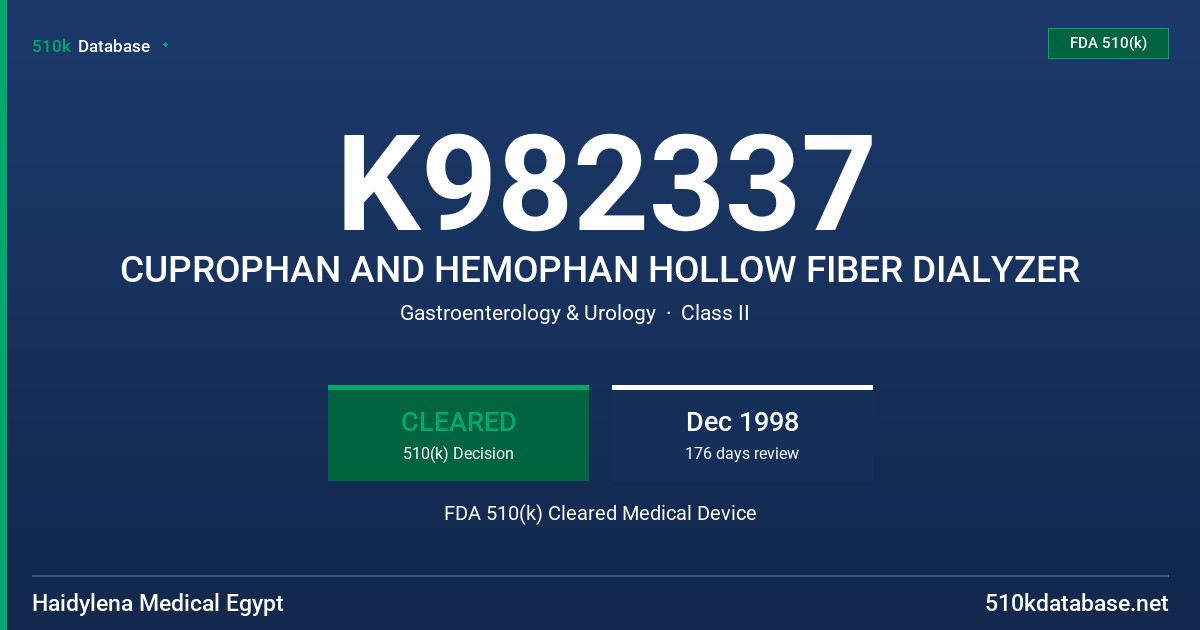 K982337 CUPROPHAN AND HEMOPHAN HOLLOW FIBER DIALYZER FDA 510(k) Cleared Medical Device