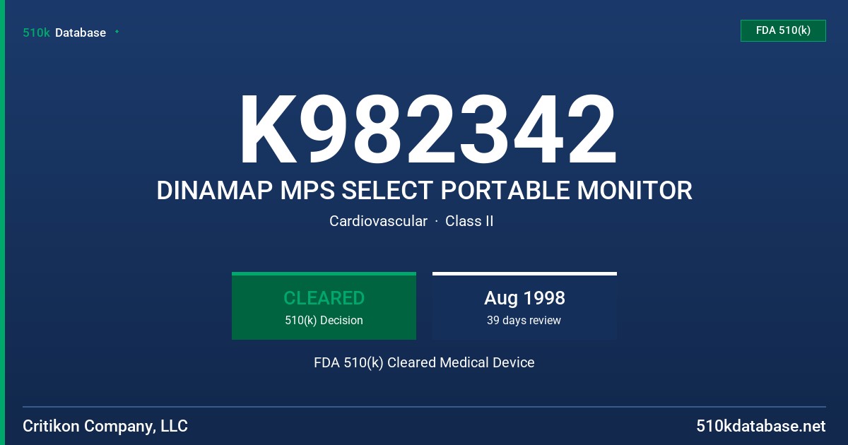 K982342 DINAMAP MPS SELECT PORTABLE MONITOR FDA 510(k) Cleared Medical Device
