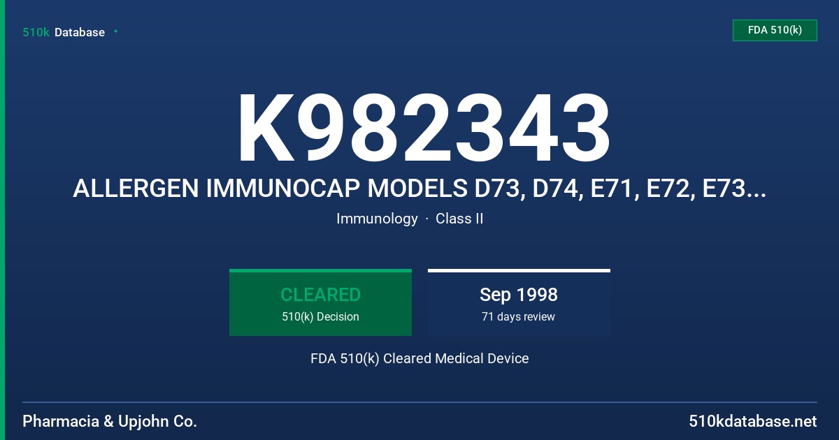 K982343 ALLERGEN IMMUNOCAP MODELS D73, D74, E71, E72, E73, E74 E75, E76,E82,E88, F48, F90, F92, F96, F201, F215, M70, T17, T72,3 FDA 510(k) Cleared Medical Device