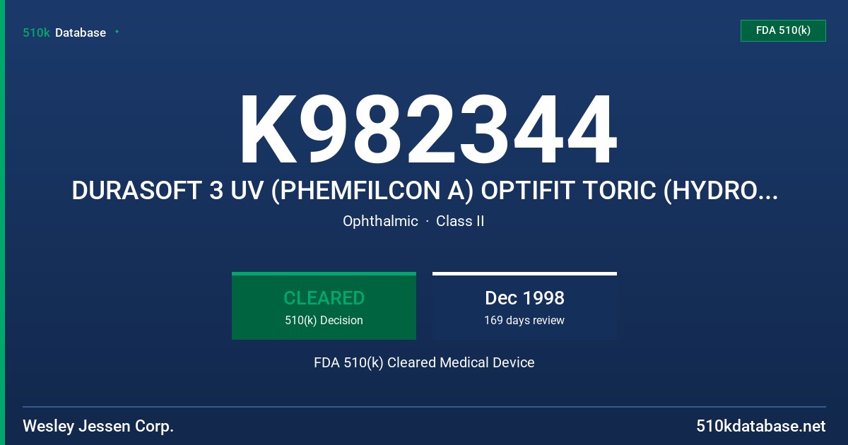 K982344 DURASOFT 3 UV (PHEMFILCON A) OPTIFIT TORIC (HYDROPHILIC CONTAC LENSES, DURASOFT 3 UV (PHEMFILCON A) SPHERICAL (HYDROPHIS FDA 510(k) Cleared Medical Device