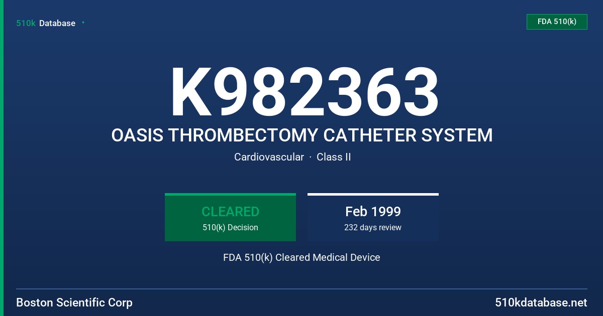 K982363 OASIS THROMBECTOMY CATHETER SYSTEM FDA 510(k) Cleared Medical Device