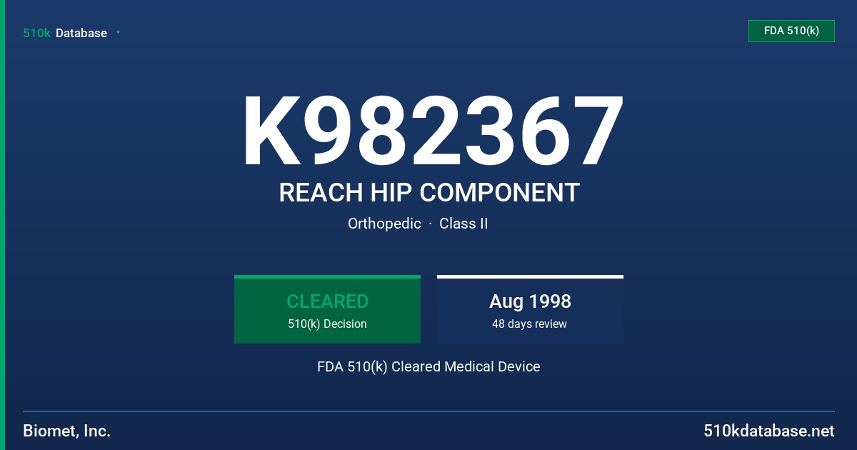 K982367 REACH HIP COMPONENT FDA 510(k) Cleared Medical Device