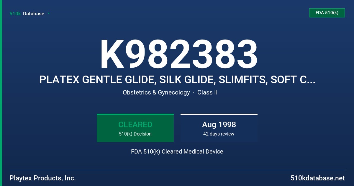 K982383 PLATEX GENTLE GLIDE, SILK GLIDE, SLIMFITS, SOFT COMFORT AND PORTABLES TAMPONS FDA 510(k) Cleared Medical Device