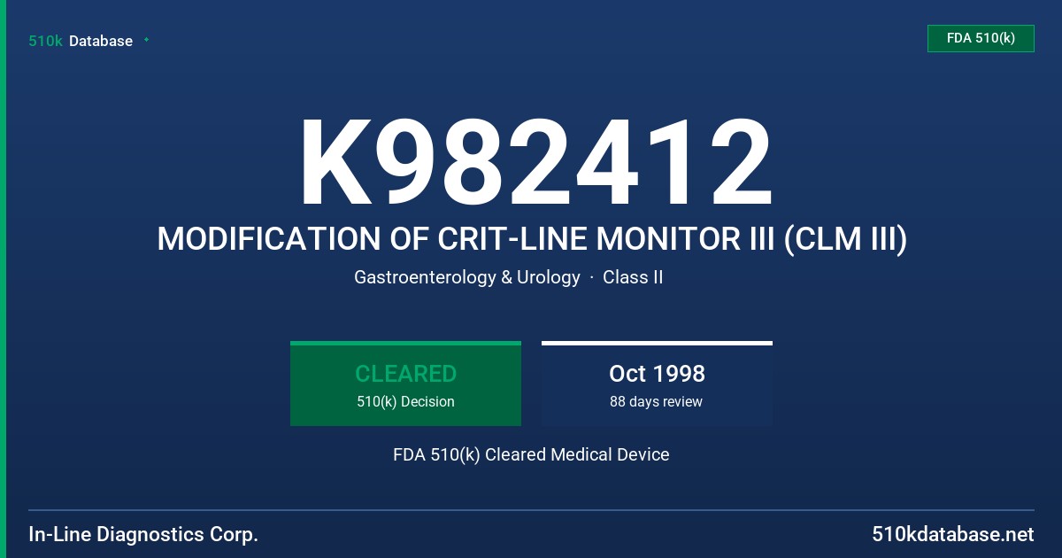 K982412 MODIFICATION OF CRIT-LINE MONITOR III (CLM III) FDA 510(k) Cleared Medical Device