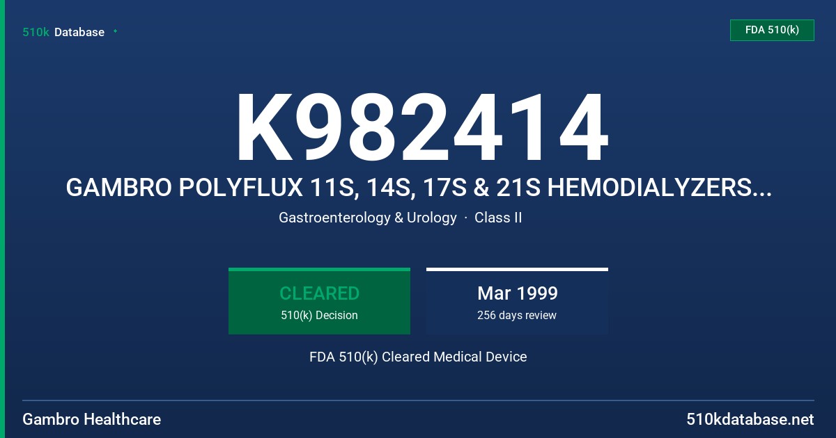 K982414 GAMBRO POLYFLUX 11S, 14S, 17S & 21S HEMODIALYZERS/ HEMOFILTERS FDA 510(k) Cleared Medical Device