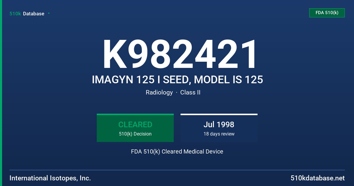 K982421 IMAGYN 125 I SEED, MODEL IS 125 FDA 510(k) Cleared Medical Device