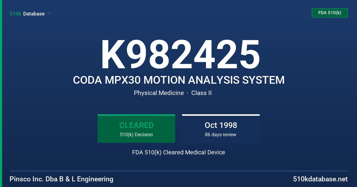 K982425 CODA MPX30 MOTION ANALYSIS SYSTEM FDA 510(k) Cleared Medical Device