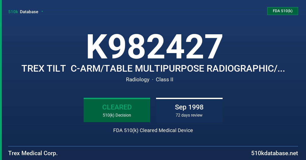 K982427 TREX TILT  C-ARM/TABLE MULTIPURPOSE RADIOGRAPHIC/FLUOROSCOPIC POSITIONING SYSTEM, TREX TILT-C FDA 510(k) Cleared Medical Device