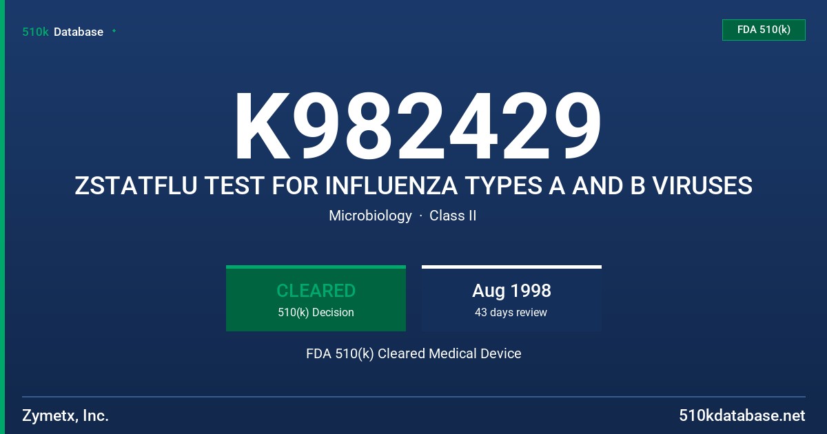 K982429 ZSTATFLU TEST FOR INFLUENZA TYPES A AND B VIRUSES FDA 510(k) Cleared Medical Device